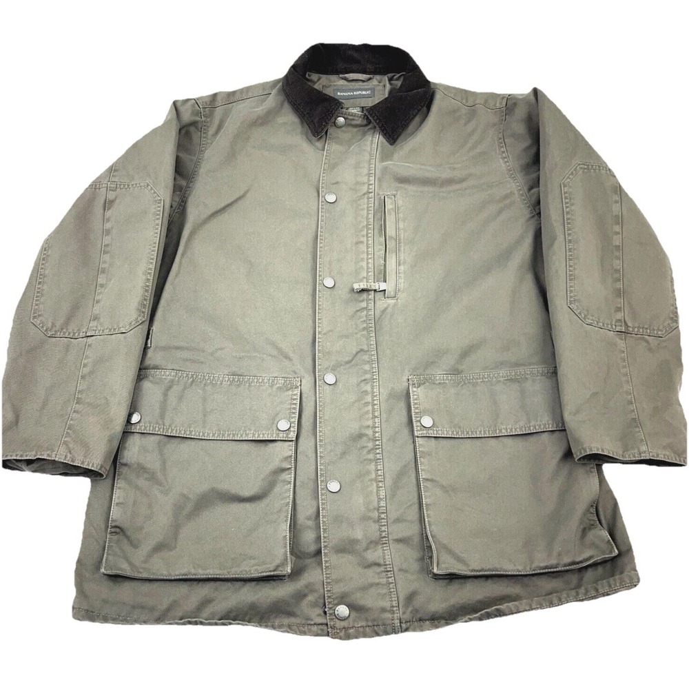 Banana Republic Barn Jacket Men Large Green Chore Coat Corduroy Collar